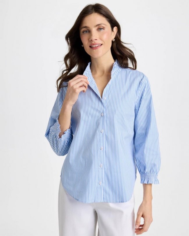 Chicos Striped Poplin Ruffle Neck Shirt - TIDAL BLUE