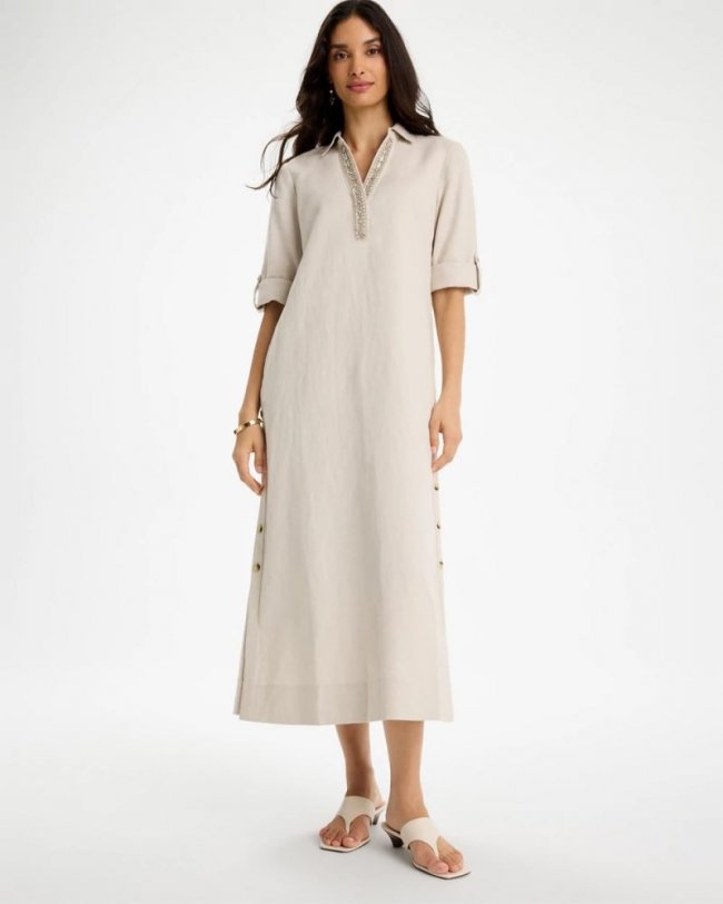Chicos Embellished Linen Dress - RIVER ROCK