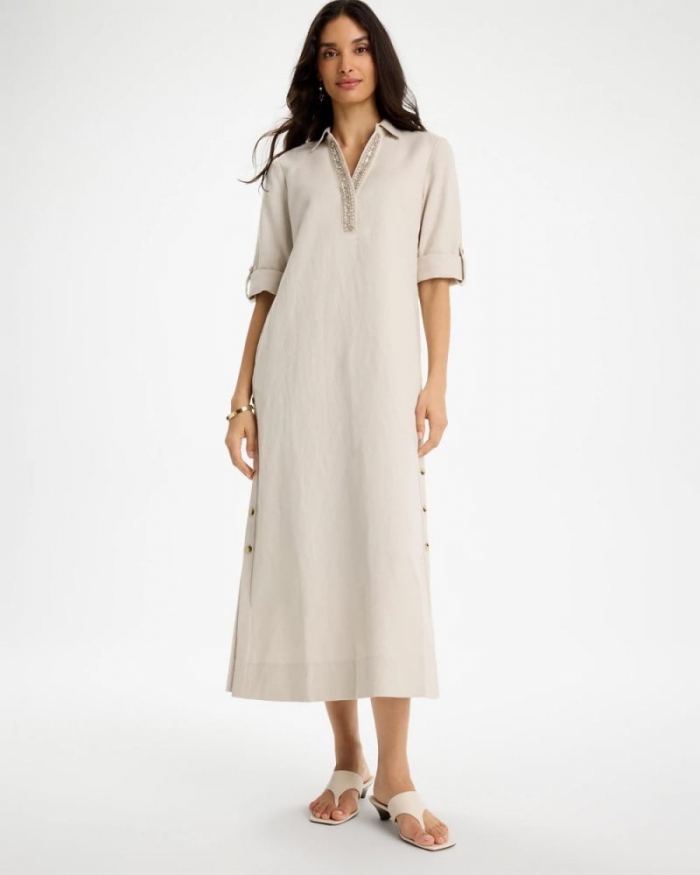 Chicos Embellished Linen Dress - RIVER ROCK