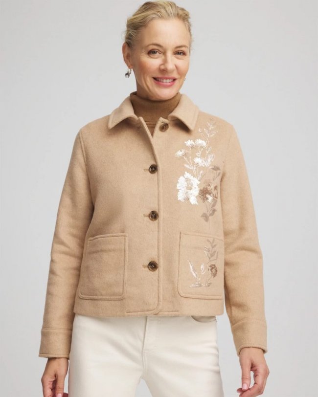 Chicos Embroidered Wool Chore Jacket - LIGHT TAUPE HEATHER Chicos Embroidered Wool Chore Jacket - LIGHT TAUPE HEATHER