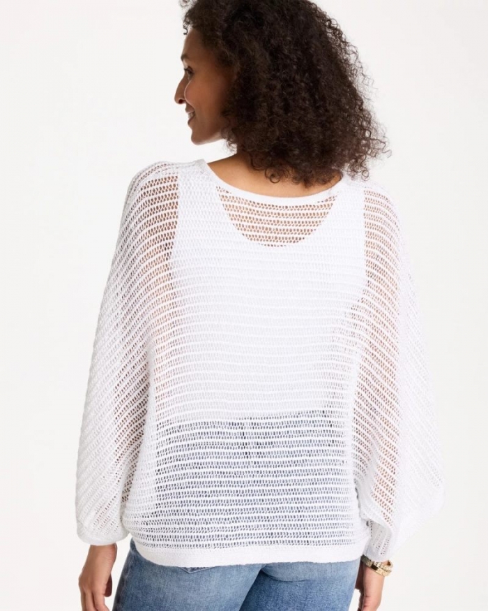 Chicos V-Neck Metallic Knit Poncho - ALABASTER
