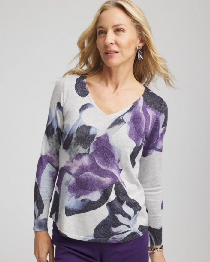 Chicos Ella V-Neck Pullover Sweater - PURPLE ELIXIR