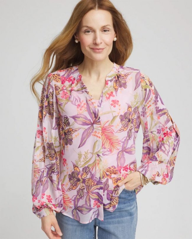 Chicos Floral Georgette Pintuck Blouse - PLUM SHADE Chicos Floral Georgette Pintuck Blouse - PLUM SHADE