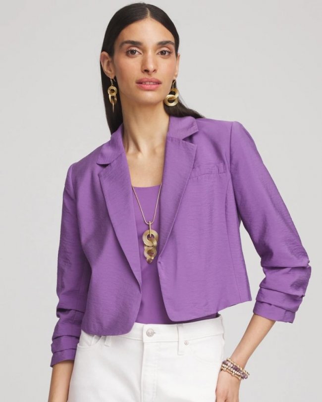 Chicos Cropped Ruched Sleeve Blazer - PLUM SHADE Chicos Cropped Ruched Sleeve Blazer - PLUM SHADE
