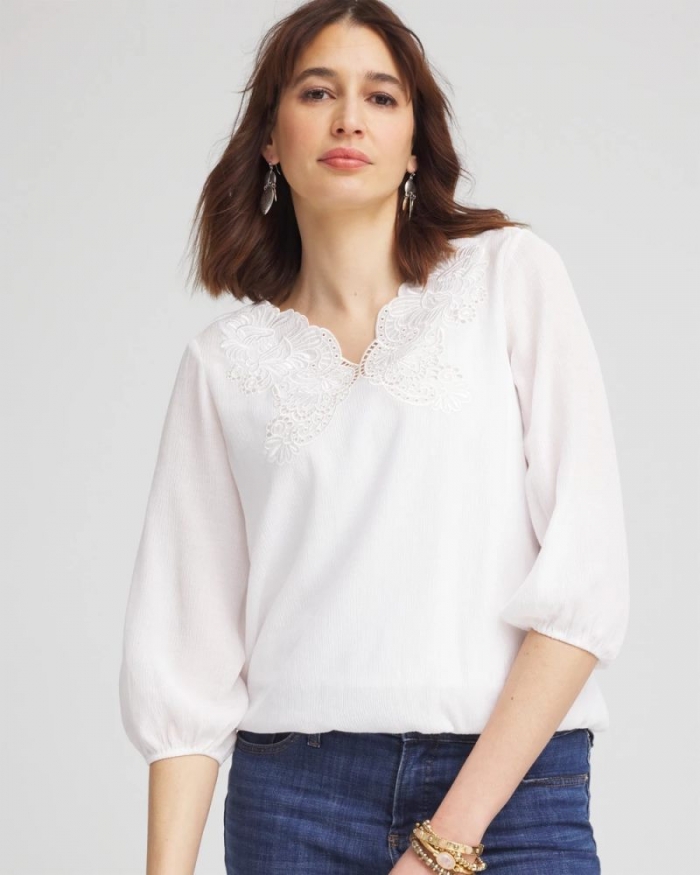 Chicos Embroidered Cutout Blouse - ALABASTER