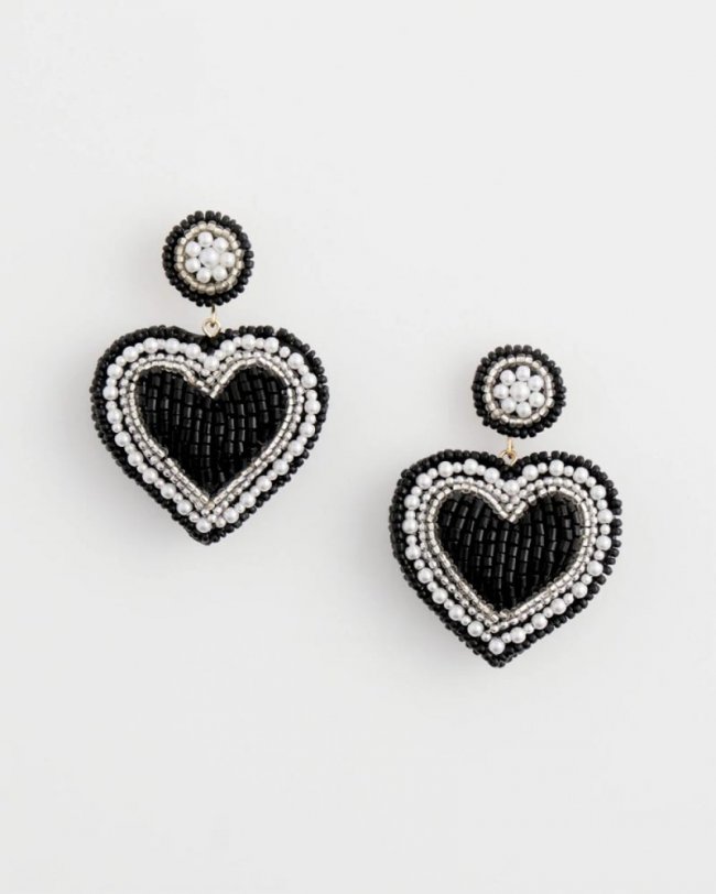 Chicos Black Beaded Heart Drop Earrings - BLACK