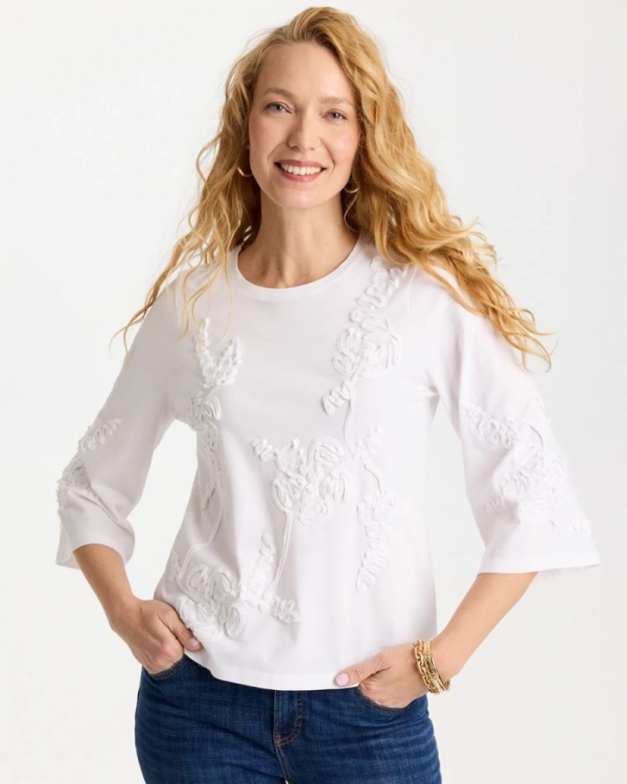 Chicos Soutache Elbow Sleeve Tee - ALABASTER