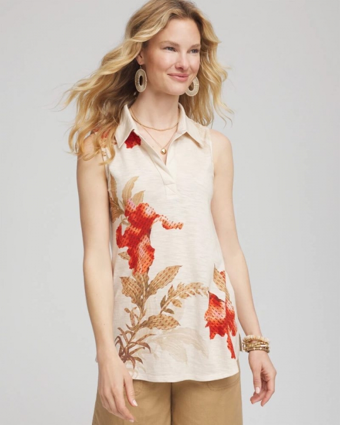 Chicos Floral Slub Sleeveless Collared Tunic - GLISTENING SAND