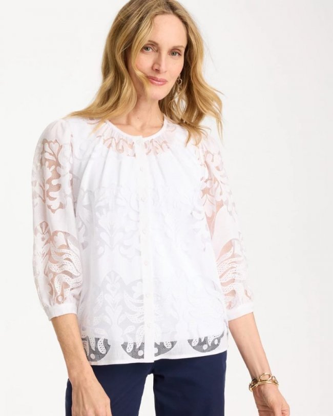 Chicos Lace Burnout Blouse - ALABASTER