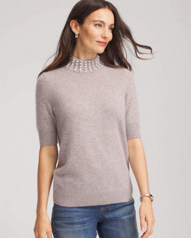 Chicos Cashmere Pearl Mockneck Sweater - TAUPE HEATHER