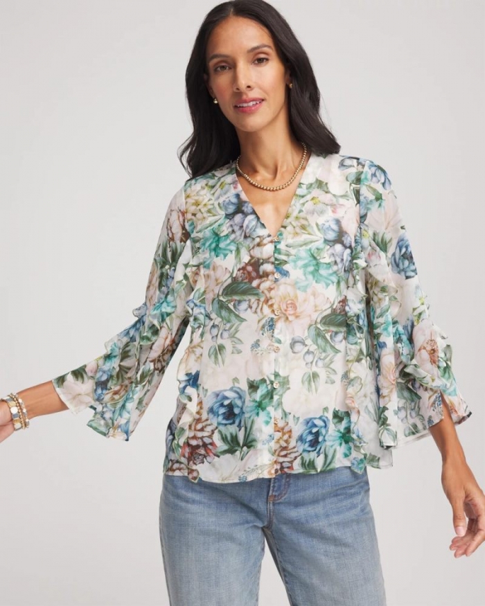 Chicos Georgette Ruffled V-Neck Blouse - ROSE SMOKE
