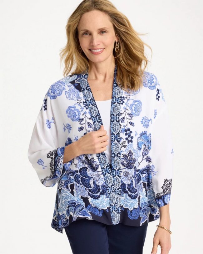 Chicos Woven Faux Silk Printed Kimono - ALABASTER
