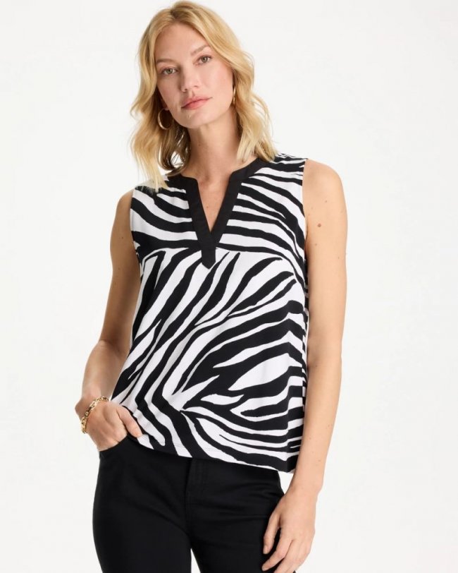 Chicos Zebra Cotton-Stretch Notch Neck Tank - BLACK