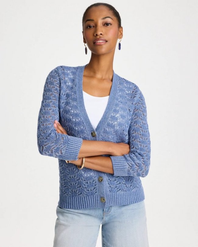 Chicos Crochet Knit Pointelle Cardigan - DENIM