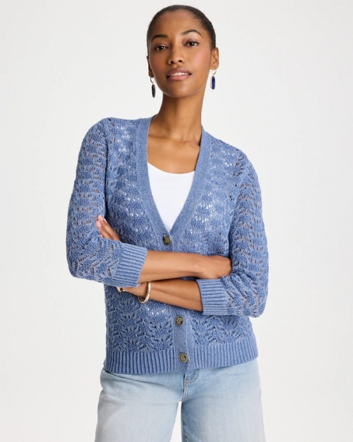 Chicos Crochet Knit Pointelle Cardigan - DENIM