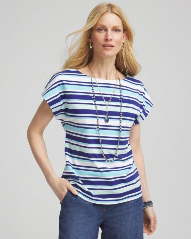 Chicos Stripe Modern Cap Sleeve Tee - PARADISO BLUE