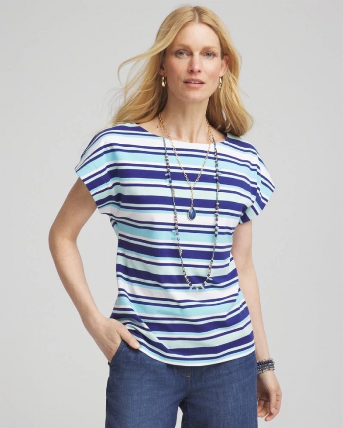 Chicos Stripe Modern Cap Sleeve Tee - PARADISO BLUE