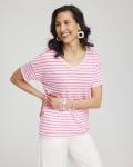 Chicos Pink Stripe Sweater Trim Linen Tee - DELIGHTFUL PINK Chicos Pink Stripe Sweater Trim Linen Tee - DELIGHTFUL PINK