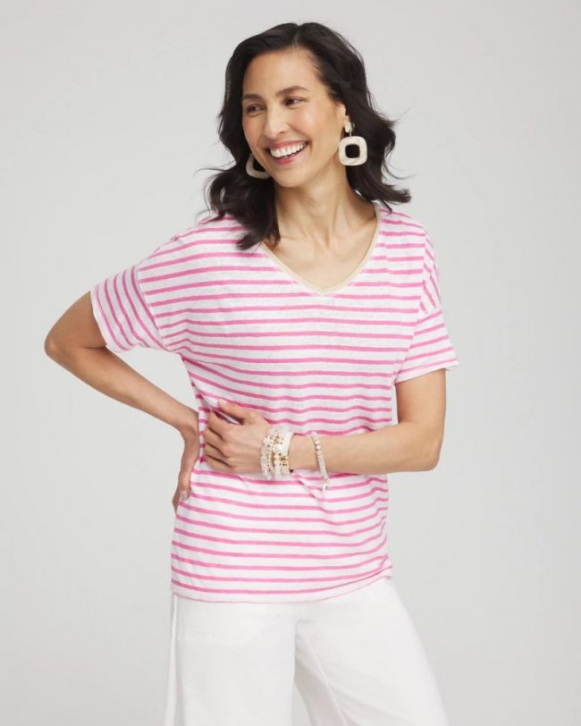 Chicos Pink Stripe Sweater Trim Linen Tee - DELIGHTFUL PINK