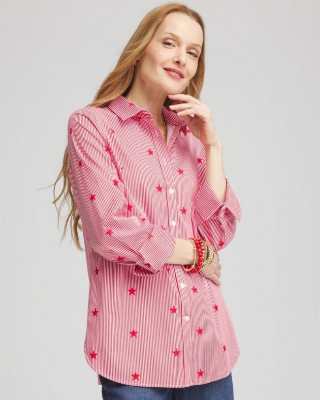 Chicos No Iron Stars & StripesSateen Shirt - RED GLOW