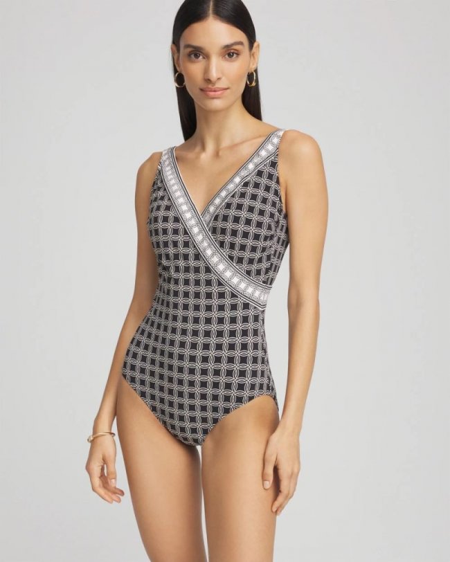 Chicos Gottex Golden Chic Surplice Swimsuit - BLACK/NATURAL CREAM