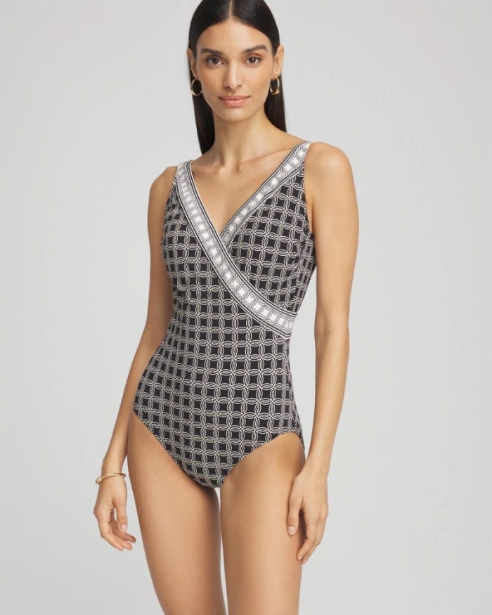 Chicos Gottex Golden Chic Surplice Swimsuit - BLACK/NATURAL CREAM