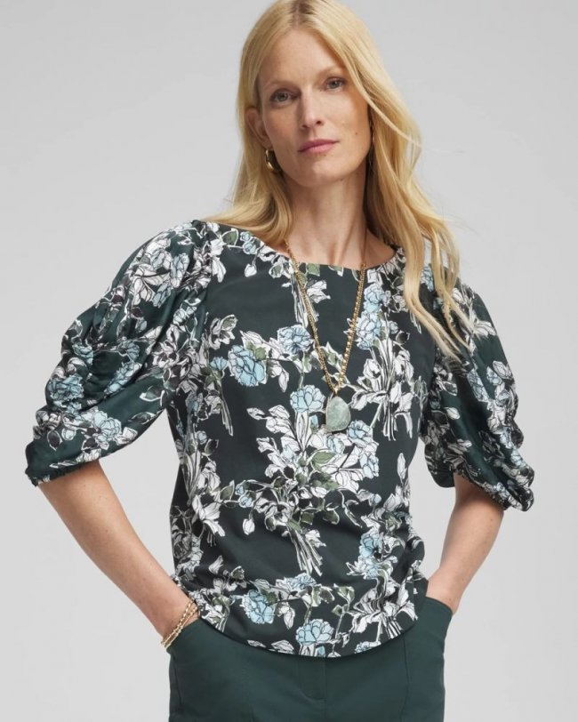 Chicos Crewneck Bubble-Sleeve Top - DARKEST SPRUCE