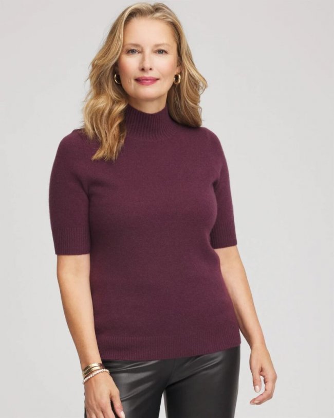 Chicos Cashmere Elbow-Sleeve Sweater - WINE