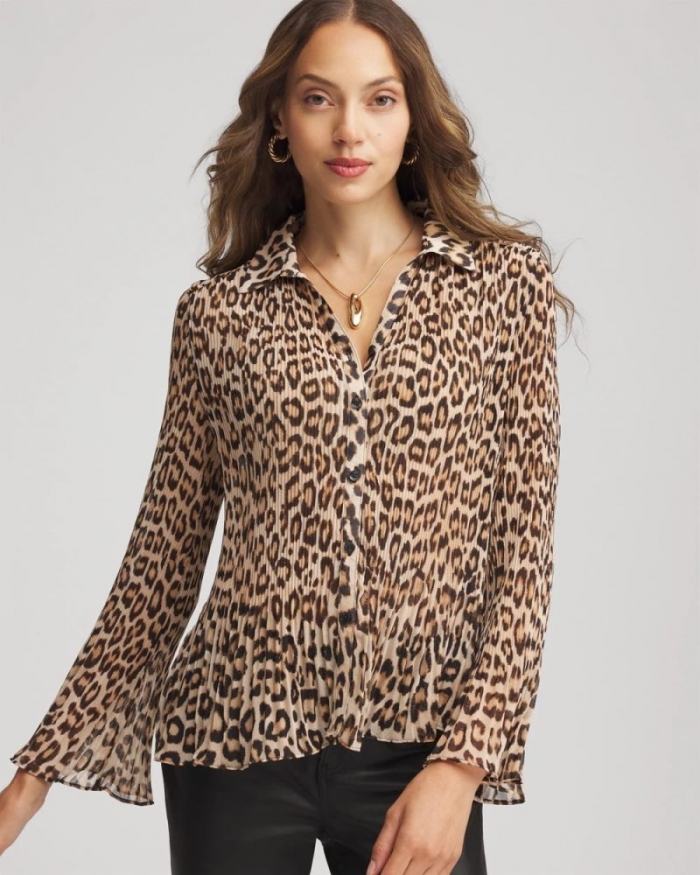 Chicos Animal-Print Pleated Georgette Blouse - BLACK