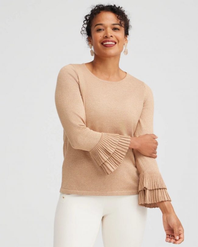 Chicos Lurex Pleat Sleeve Pullover Sweater - FAUX CAMEL HEATHER