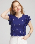 Chicos Foiled Flutter-Sleeve Linen Tee - BLUE CASA Chicos Foiled Flutter-Sleeve Linen Tee - BLUE CASA