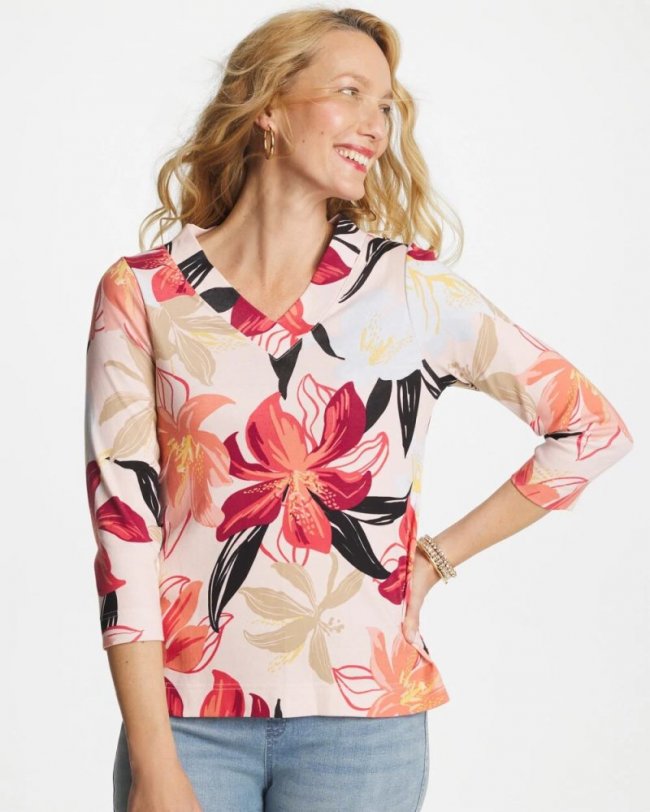Chicos Pima Cotton 3/4 Sleeve Tee - FOLKLORIC RED