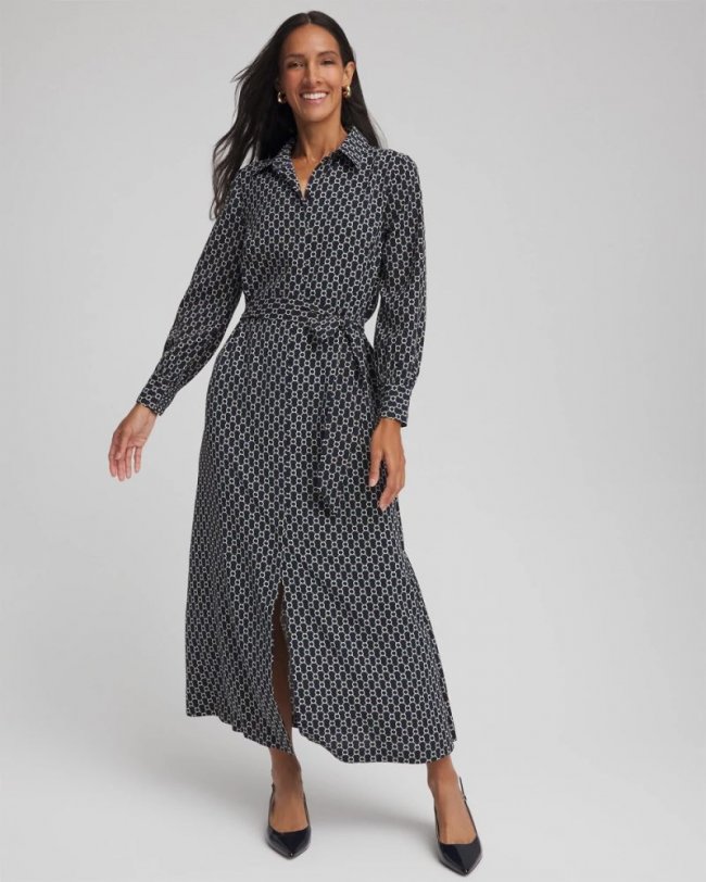 Chicos Chain Print Maxi Shirtdress - PASSPORT BLUE