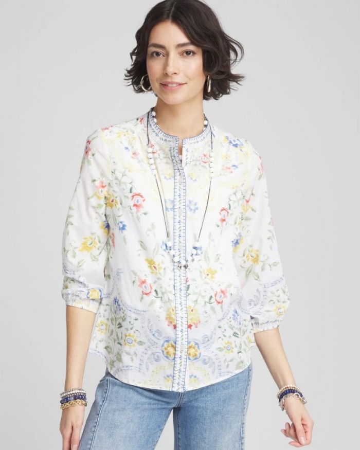 Chicos Floral Billow-Sleeve Blouse - MELON MAMBO