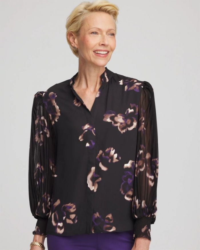 Chicos Fjord Flora Opaque Crepe Blouse - BLACK
