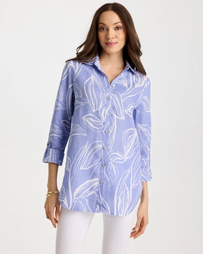 Chicos No Iron Printed Linen Tunic - BLUE ORCHID