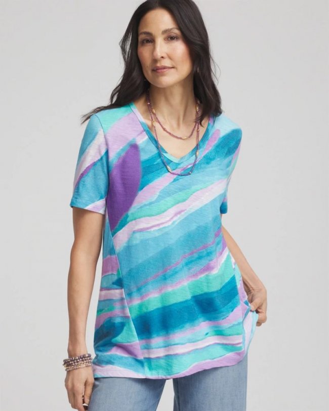 Chicos Sea Print Short Sleeve Forward-Seam Tee - PARADISO BLUE