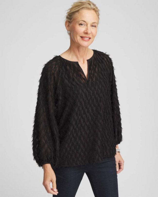 Chicos Feathered Pullover Peasant Blouse - BLACK