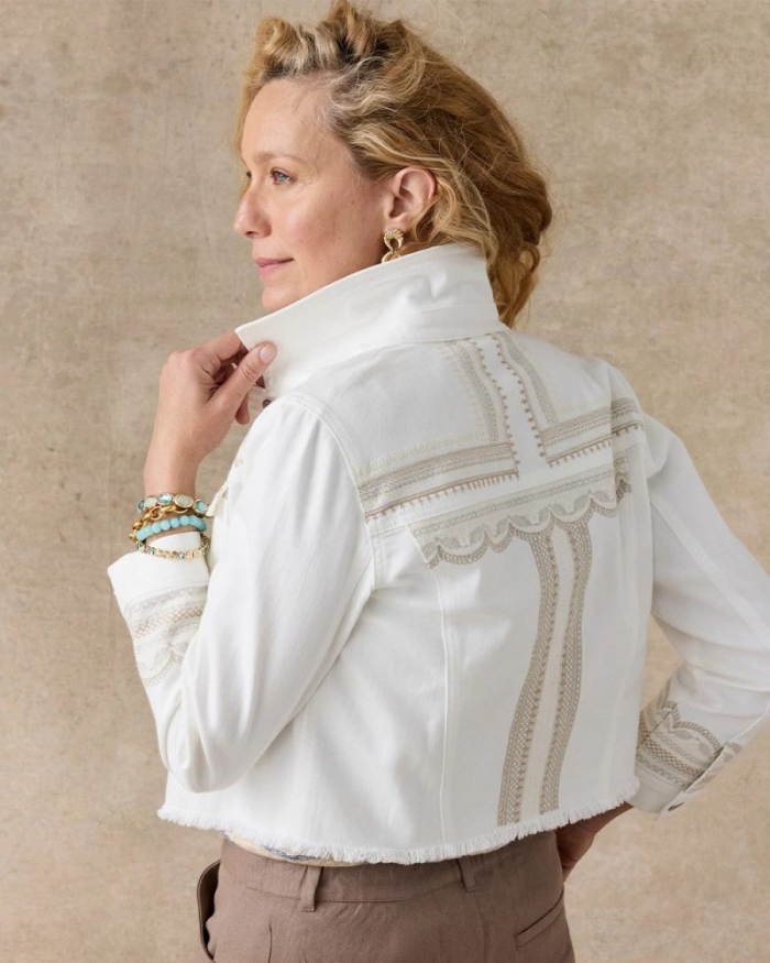 Chicos Embroidered Cropped Denim Trucker Jacket - ALABASTER