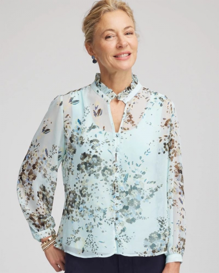Chicos Floral Georgette Peasant Blouse - BLUE MENTHE