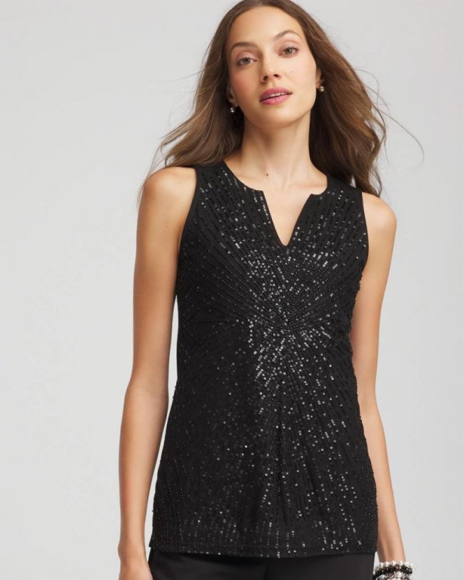 Chicos Sequin Beaded Notch Neck Tank - BLACK