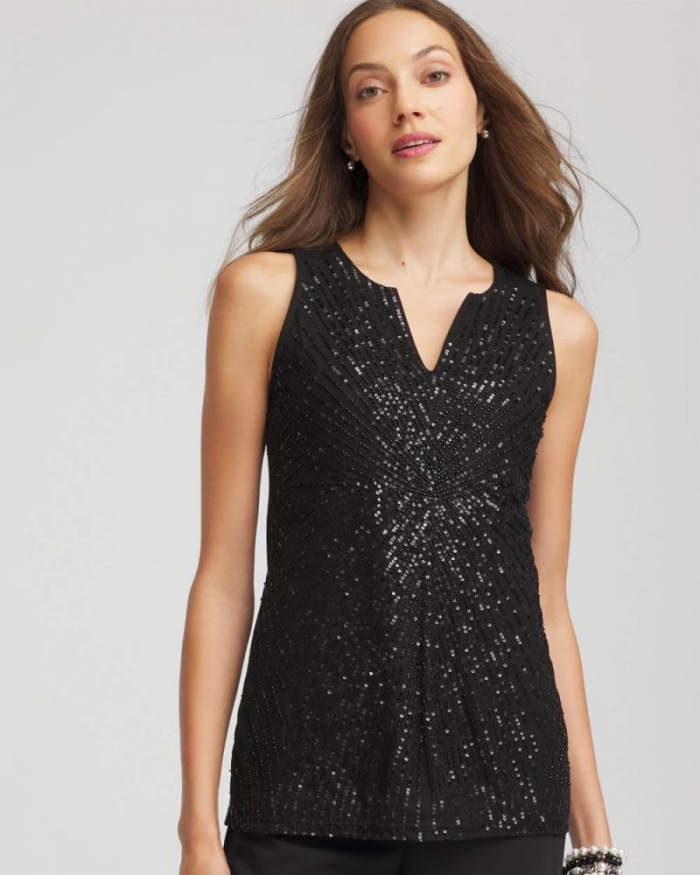 Chicos Sequin Beaded Notch Neck Tank - BLACK