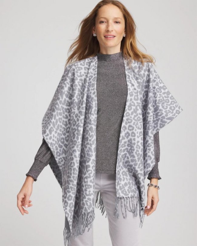 Chicos Reversible Animal Print Fringe Ruana - STORM CLOUD