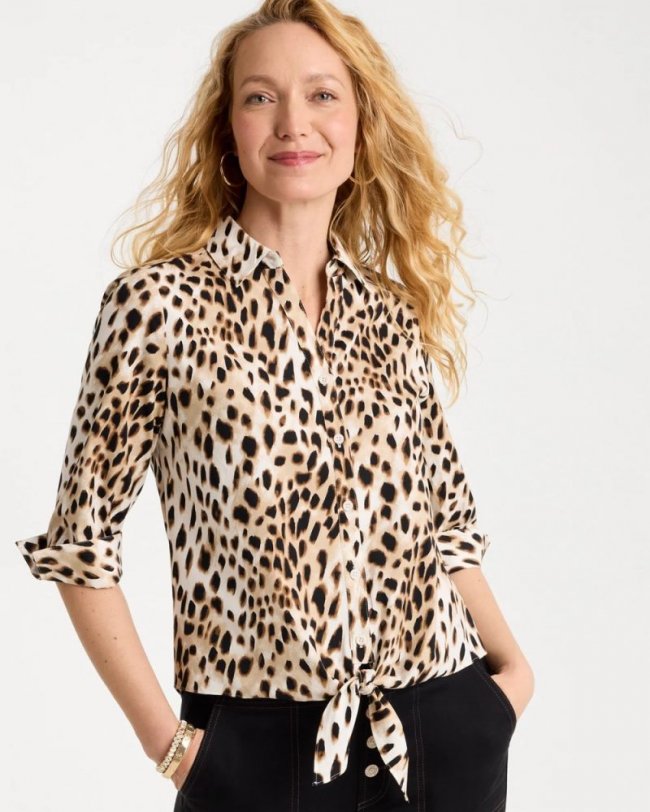 Chicos Poplin Cotton Animal Print Tie-Front Top - BLACK Chicos Poplin Cotton Animal Print Tie-Front Top - BLACK