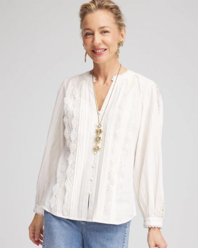 Chicos Split-neck Lace Trim Blouse - ECRU