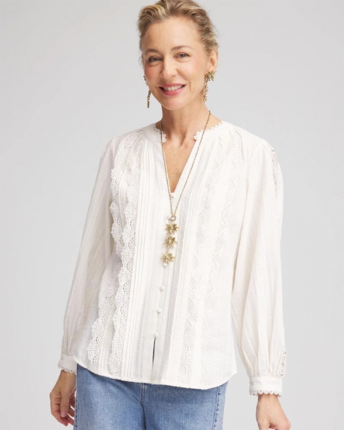 Chicos Split-neck Lace Trim Blouse - ECRU