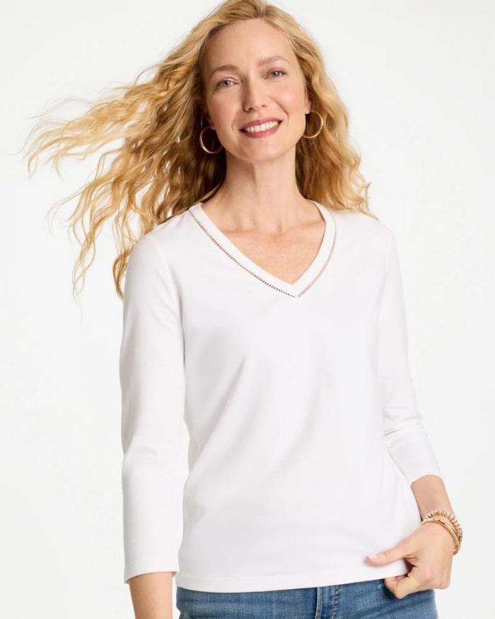 Chicos Trim Detail Cotton Stretch 3/4 Sleeve Tee - ALABASTER