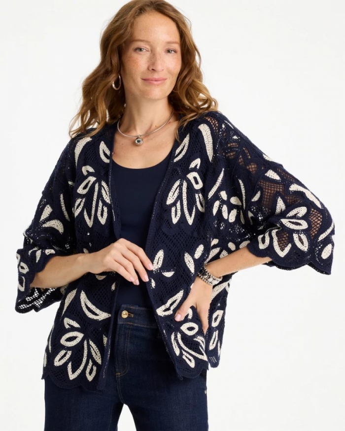 Chicos Woven Crochet Lace Contrast Kimono - PASSPORT BLUE