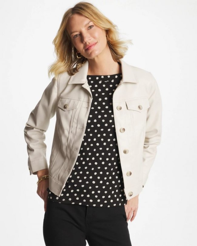 Chicos Faux Leather Trucker Jacket - WHITE TRUFFLE