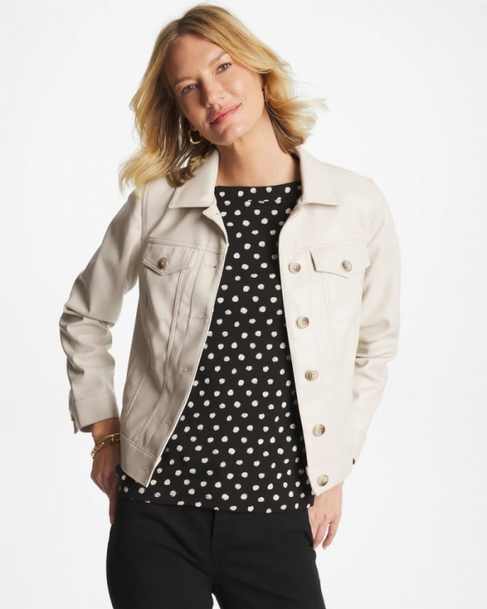 Chicos Faux Leather Trucker Jacket - WHITE TRUFFLE